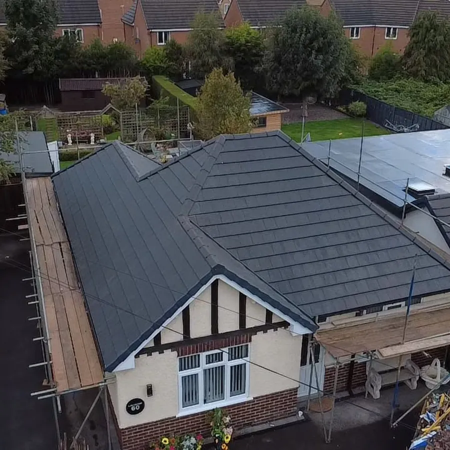 New grey tiled roof on a bungalow, from the air